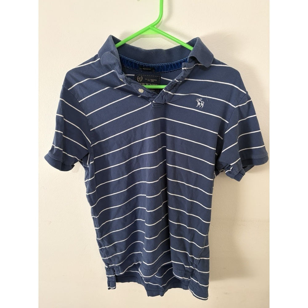Abercrombie & Fitch Men's Y2K Striped Moose Muscle Polo Shirt Blue Size Large